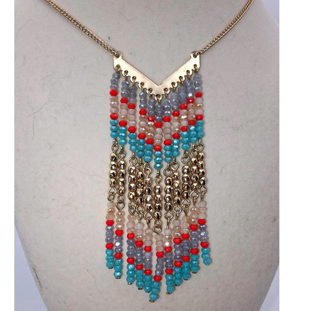 Premier Designs Necklace Gold Turquoise Red Excellent Lively Long Statement